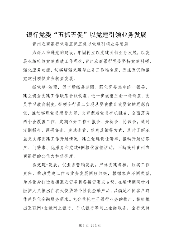 银行党委“五抓五促”以党建引领业务发展.docx