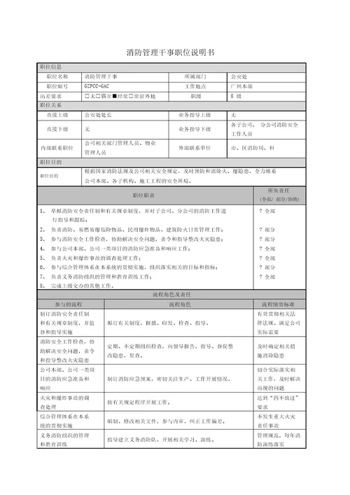 消防管理干事职位说明书