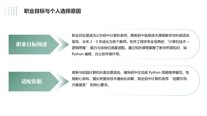 绿色商务风软件工程专业大学生职业生涯规划发展展示PPT模版