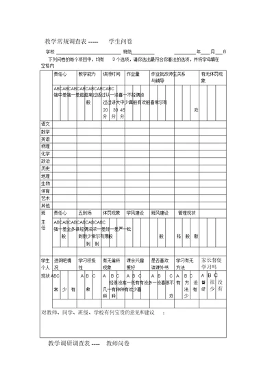 教研调查问卷表教学常规调查表(学生问卷)教学调研调查表(教师问卷)