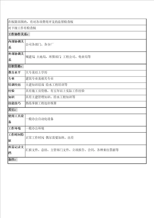 奥康集团行政事务部基建科经理岗位说明书