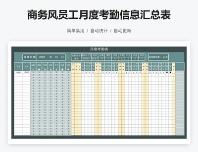 商务风员工月度考勤信息汇总表