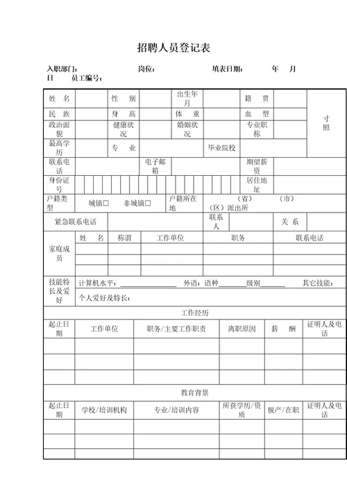 新员工入职申请表通用完整版