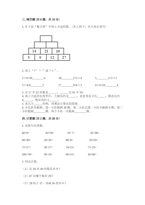 二年级上册数学期末测试卷含答案（夺分金卷）.docx