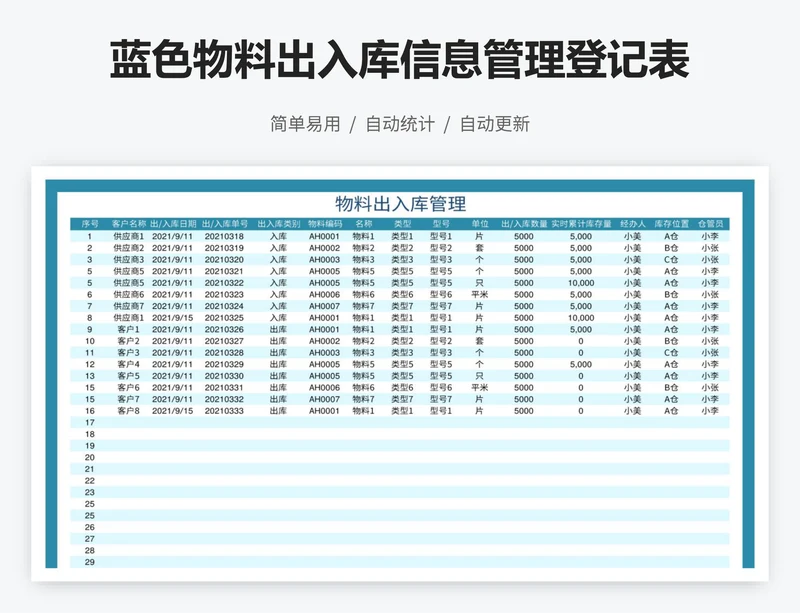 蓝色物料出入库信息管理登记表