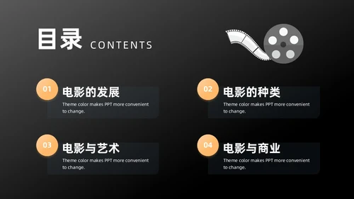 橙色黑色简约创意电影介绍PPT模板