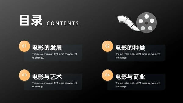 橙色黑色简约创意电影介绍PPT模板