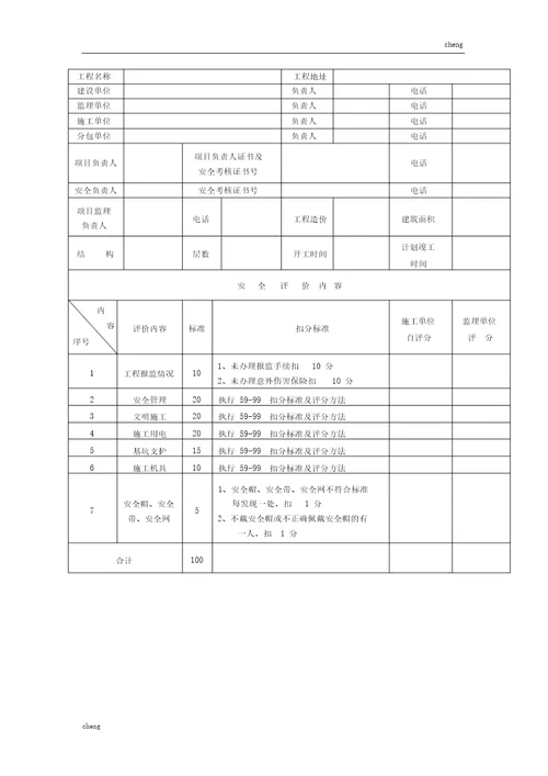 建设工程项目管理安全生产评价表