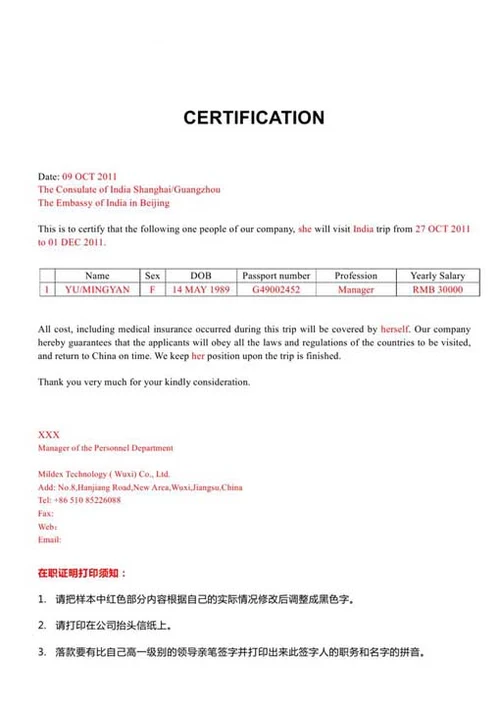 印度签证办理材料包-Word范文