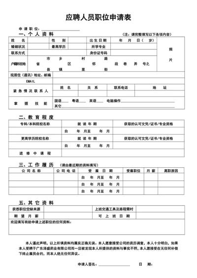 应聘人员职位申请表应聘人员登记表