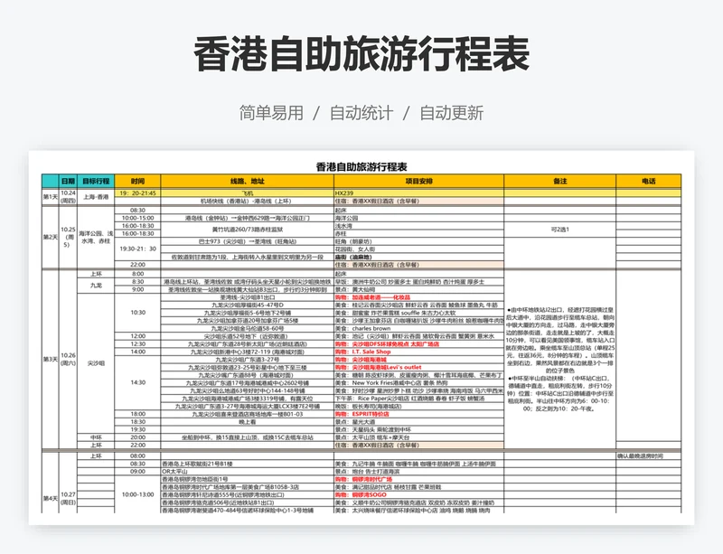 香港自助旅游行程表