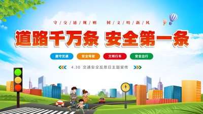 清新卡通展板道路千万条安全第一条430交通安全反思日