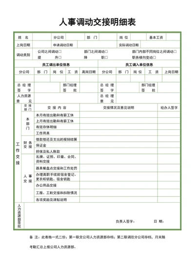 人事调动交接明细表人员按排表word表格模板