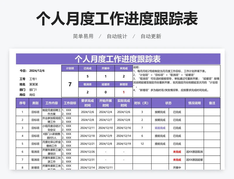 个人月度工作进度跟踪表