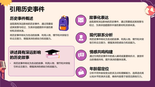紫色插画风英语演讲比赛选题技巧PPT模板