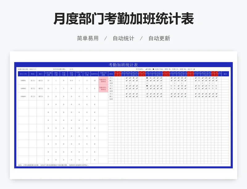 月度部门考勤加班统计表