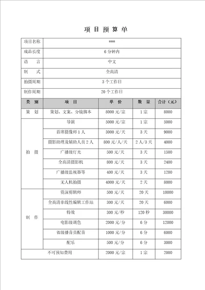 宣传片项目预算单报价详表2020