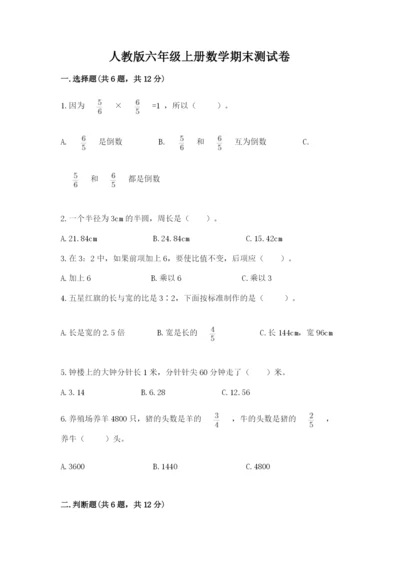 人教版六年级上册数学期末测试卷及参考答案【培优a卷】.docx