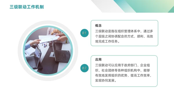 绿色渐变简约商务三级联动工作机制政府机关组织管理PPT模板沟通