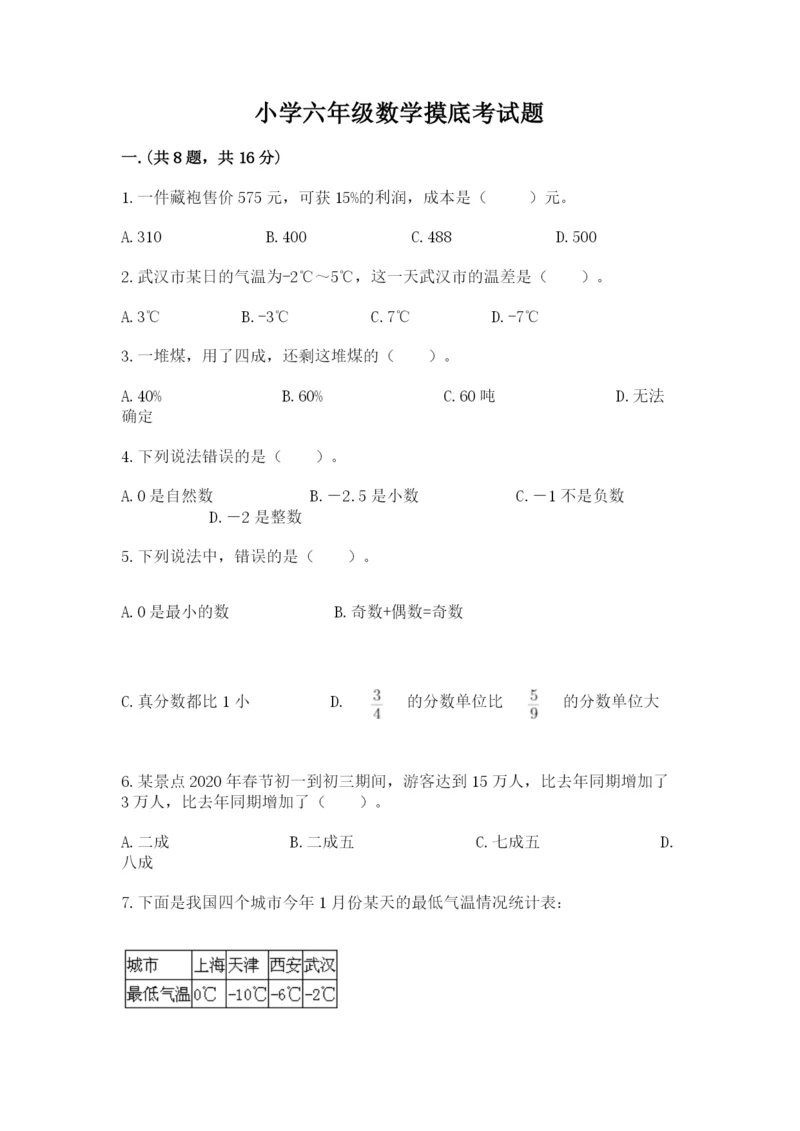 小学六年级数学摸底考试题word.docx