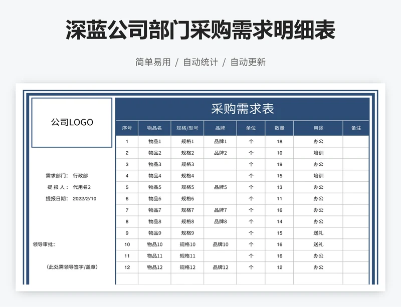 深蓝公司部门采购需求明细表