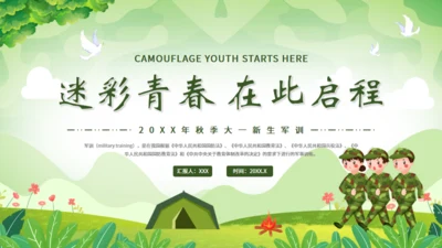 青春在此启程新生军训，绿色迷彩通用PPT模板