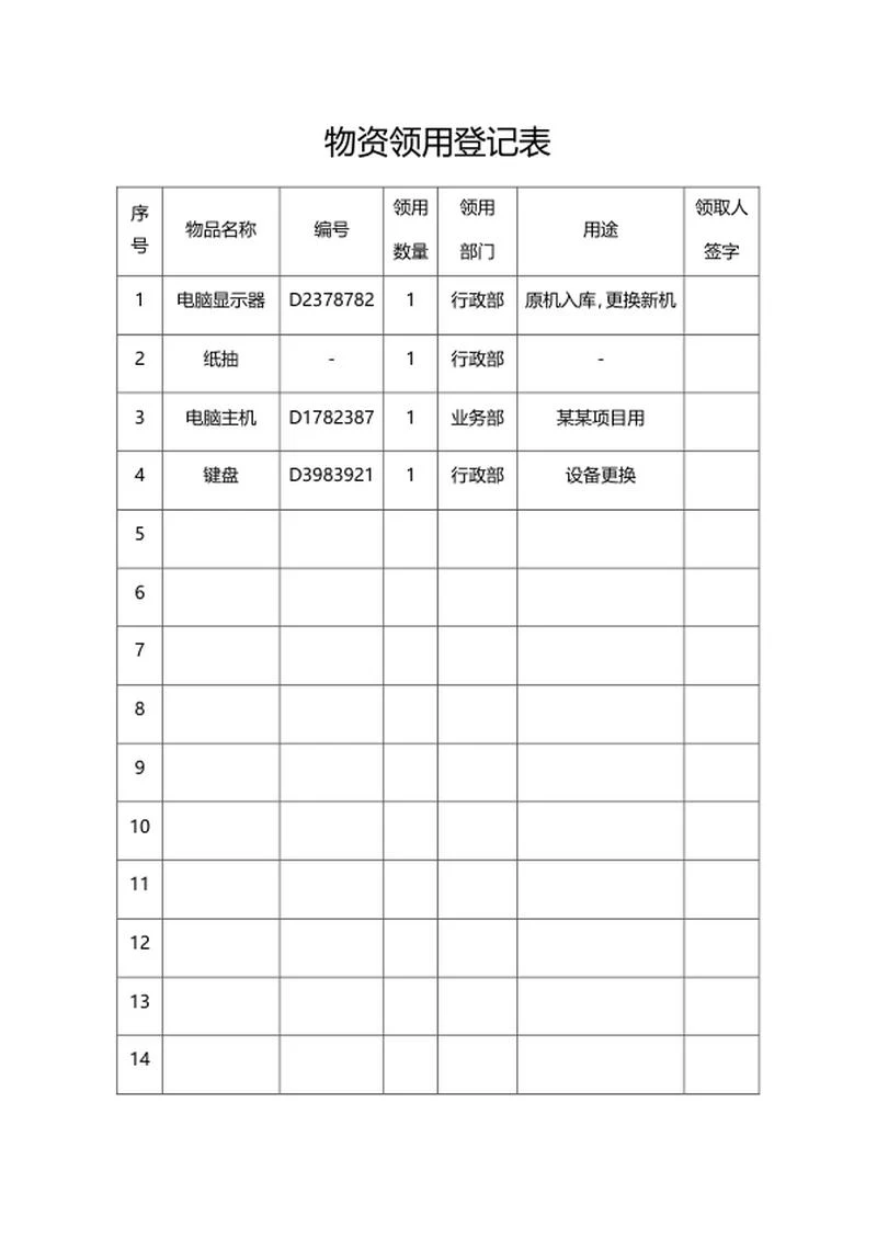 公司物资领用登记表word模板