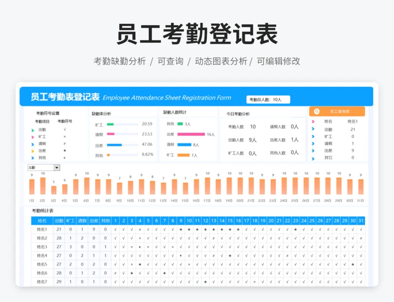 员工考勤表-自动统计