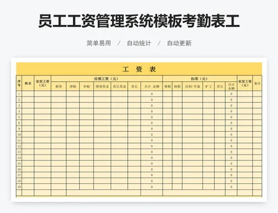 员工工资管理系统模板考勤表工资表模版