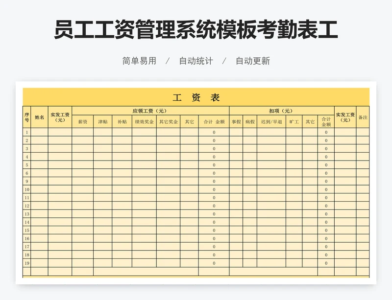 员工工资管理系统模板考勤表工资表模版