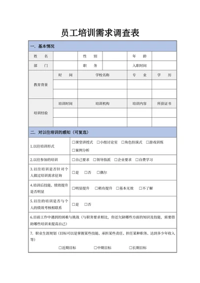 员工培训需求调查表