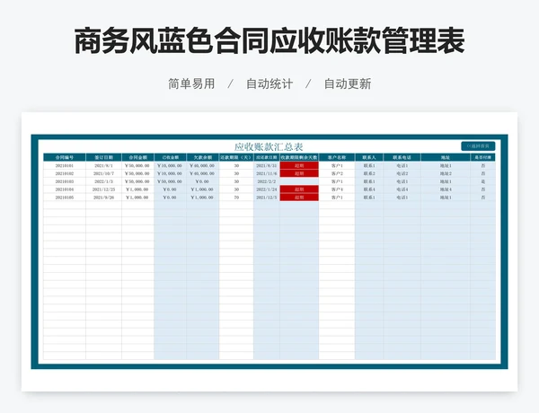 商务风蓝色合同应收账款管理表