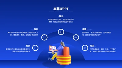 蓝色立体风并列关系5项PPT