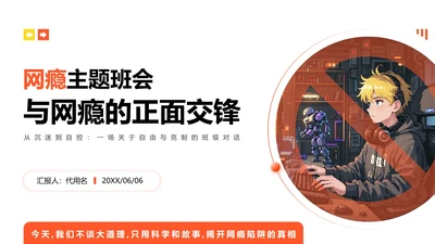 橙黄色像素插画风格网瘾主题班会课件PPT模板
