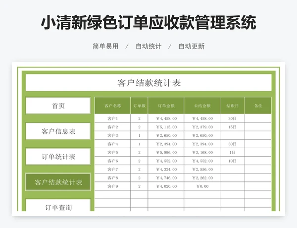 小清新绿色订单应收款管理系统