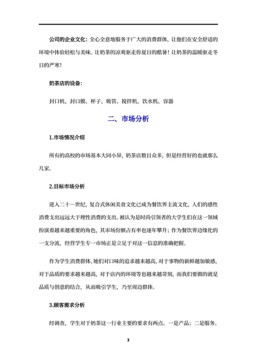 奶茶店创业项目策划书word模板