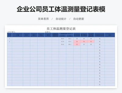 企业公司员工体温测量登记表模版