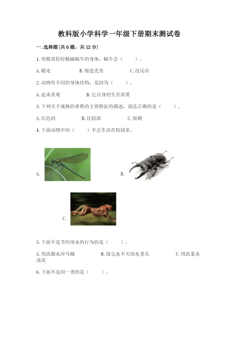 教科版小学科学一年级下册期末测试卷精品（各地真题）.docx