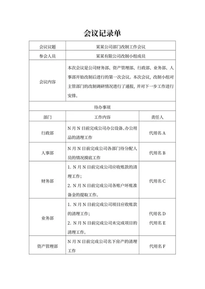 公司部门会议记录单word模板