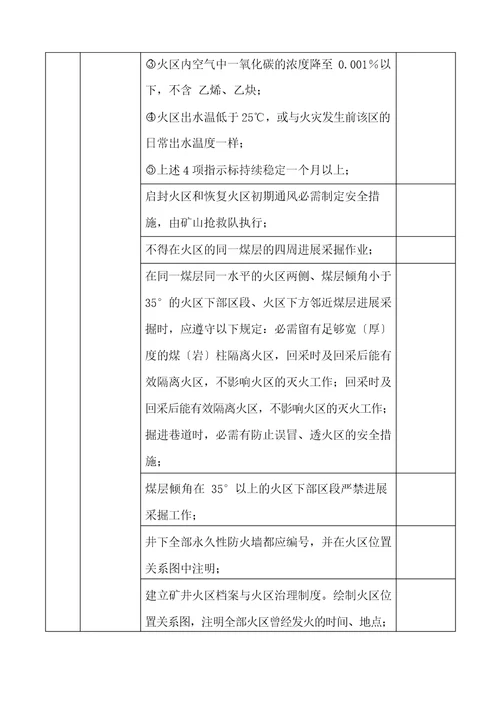 矿山及煤矿防火、防火设备设施专项检查细则表检查项目、内容及结果