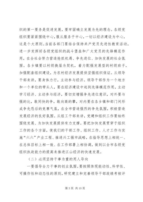 书记在全市组织工作会议上的致辞.docx