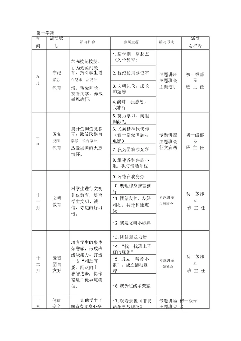 主题班会初一秋学期主题班会安排