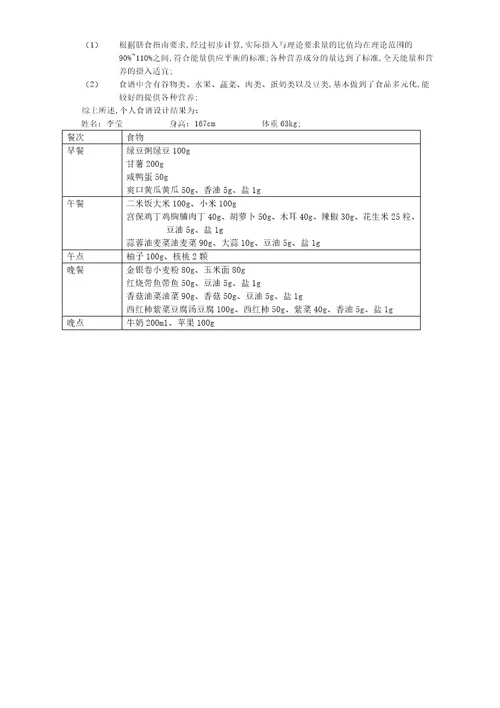 食品营养学个人食谱设计