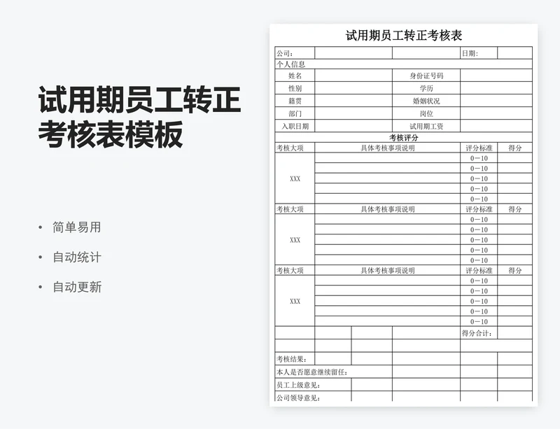 试用期员工转正考核表模板