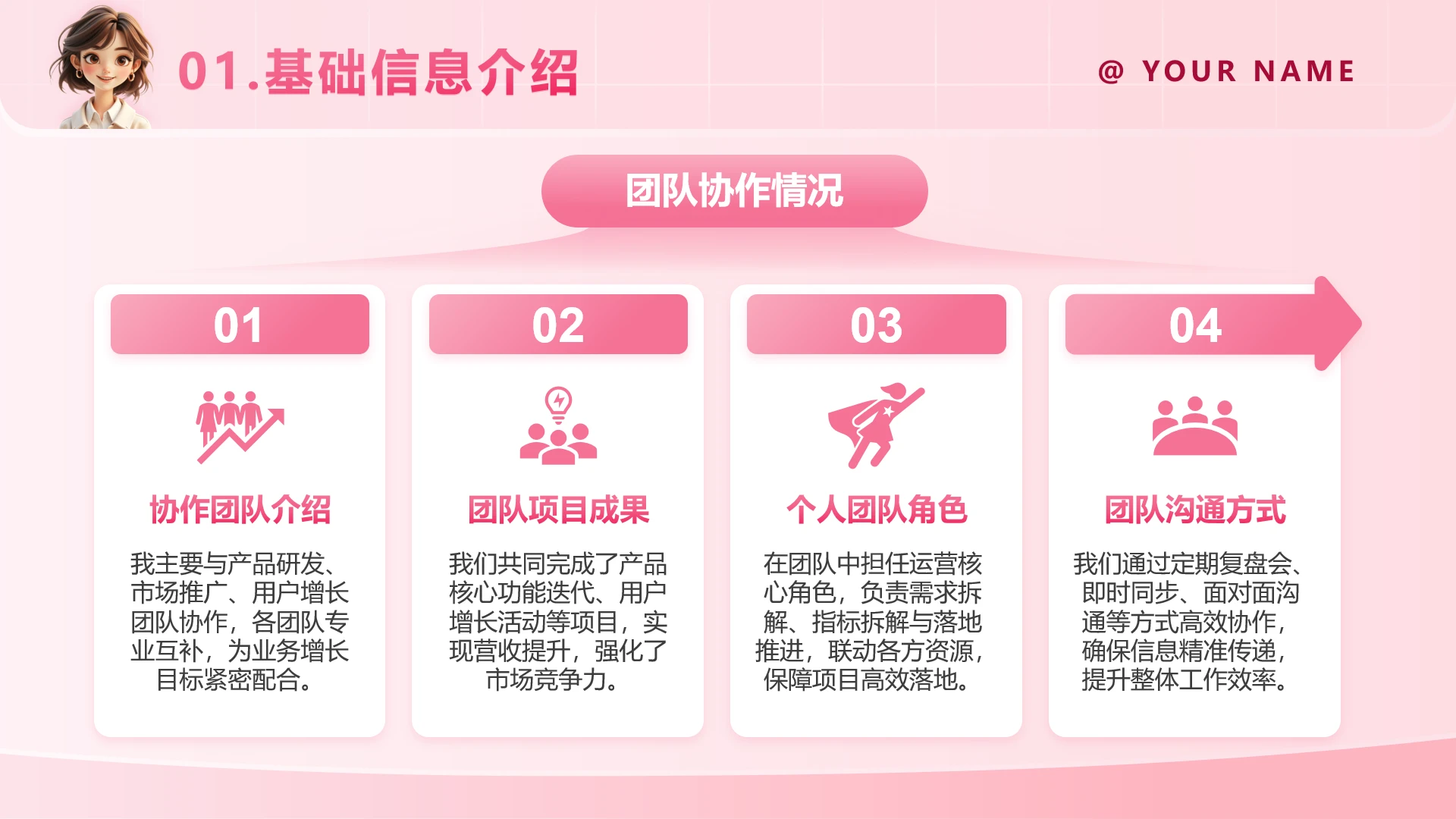 信息介绍-粉色创意简约述职汇报PPT单页
