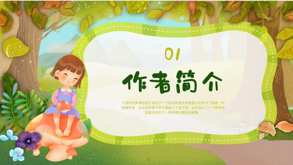 绿色插画卡通爱丽丝梦游仙境读书分享会PPT
