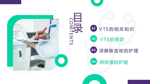 紫绿简约vte的预防及护理PPT模板宣传PPT动态PPT护理查房
