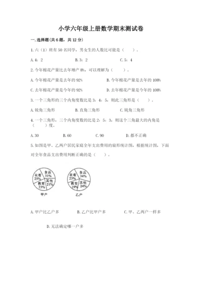 小学六年级上册数学期末测试卷（精选题）.docx