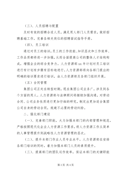 人力资源部某年工作计划优秀范文.docx