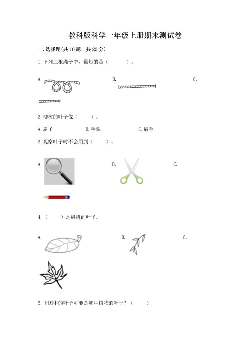 教科版科学一年级上册期末测试卷附下载答案.docx